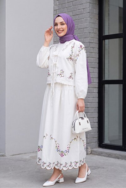 Modamorfo Cross-Stitch Embroidered Scalloped Sleeve Elasticized Lace-Up Skirt...