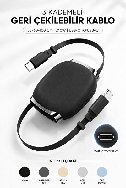NOREXA Type C Şarj Kablosu 240W Hızlı Şarj USB C to USB C Geri Çekilebilir Ma...
