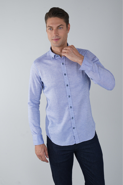Bisse Navy Blue Regular Fit Cotton Pocketed Long Pasha Collar Shirt