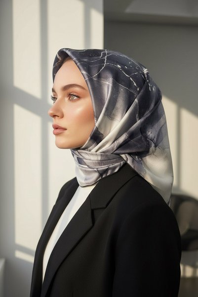 Vissona Eșarfă din mătase twill 100% 90x90, cu model marmorat, cusută manual, pentru femei