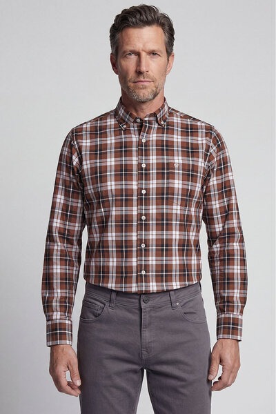 Bisse Kahverengi Slim Fit Regular Pamuk Paşa Yaka Ekose Gömlek