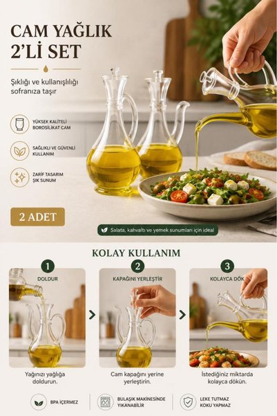Atbyhome 2'li Borosilikat Cam İbrik Yağlık Sirkelik Seti 750 ml - Damlatmaz Yağdanlık