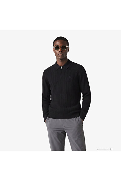 Lacoste Erkek Regular Fit Yarım Fermuarlı Yün Siyah Kazak