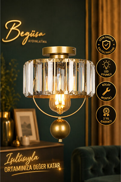 Begüsa Galon Tekli Lux Kristal Eskitme Tavan Montaj Avize, Modern Dekoratif A...