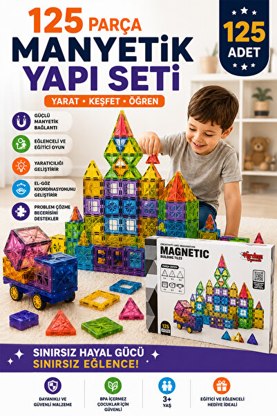 Onetick Manyetik Yapı Blokları 125 Parça Eğitici Renkli 3 Boyutlu 7,5 Cm Oyun...