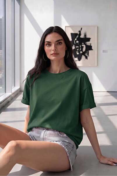 NO 601 Tricou de damă verde închis, simplu, supradimensionat