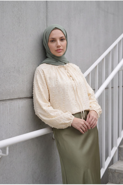 bellura Bağcıklı Düğmeli Astarlı Nakışlı Oversize Keten Tunik