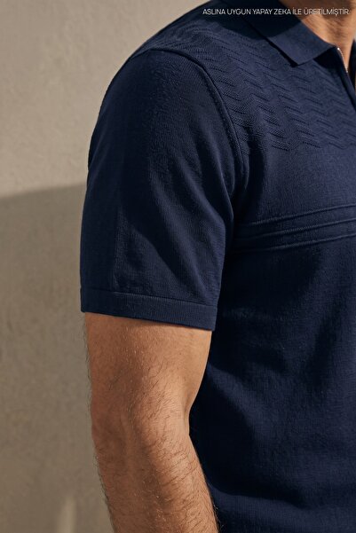 Maccali Men's Comfort Short Sleeve Navy Blue Knitwear Polo Neck T-Shirt
