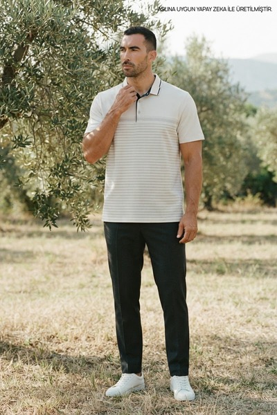 Maccali Men's Large Size Patterned Loose Polo Collar White T-Shirt
