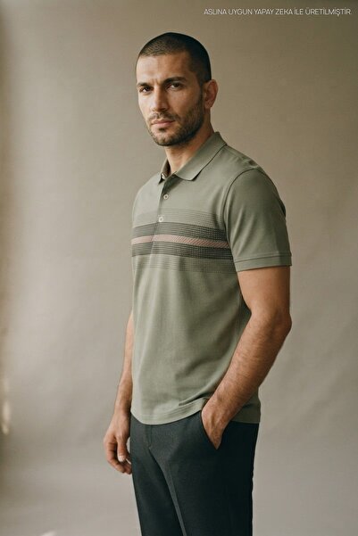 Maccali Men's Patterned Relax Fit Green Polo Neck T-Shirt