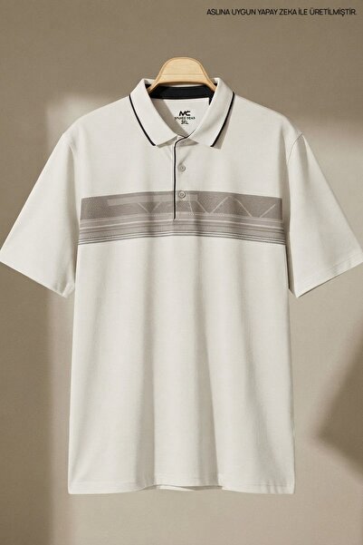 Maccali Men's Striped Plus Size Loose Fit White Polo Collar T-Shirt