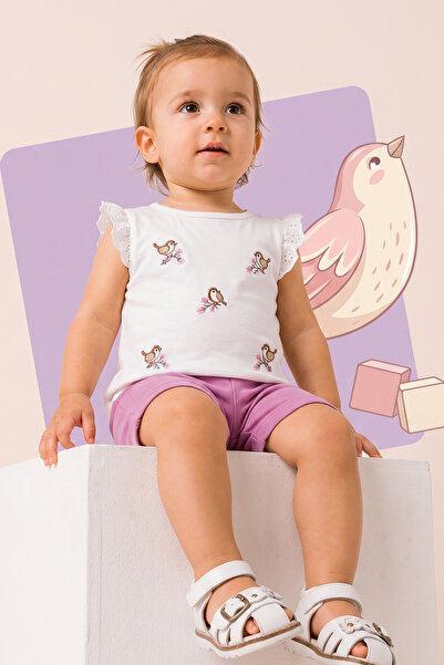 Rocha Baby Bird Embroidered Ruffled Ecru Baby Girl Shorts Summer Set