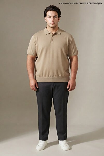 Maccali Men's Basic Large Size Beige Knitwear Polo Neck t Shirt