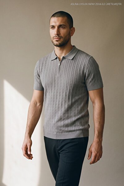 Maccali Men's Trendy Striped Gray Polo Collar Knitwear T-Shirt