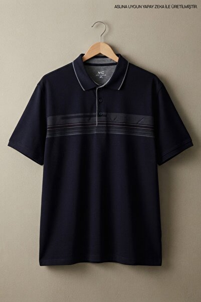 Maccali Men's Striped Plus Size Loose Fit Navy Blue Polo Collar T-Shirt