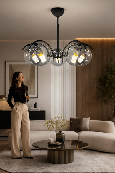 ESSLİGHT Nil 5’li Siyah Sarkıt Füme Camlı Avize Salon Mutfak Yatak Odası
