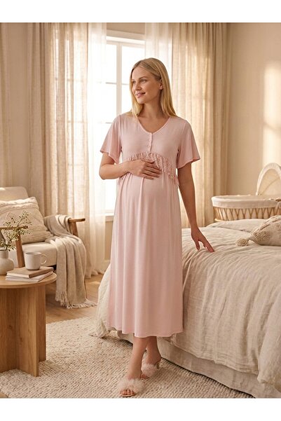 Lady Lingerie قميص نوم طويل للحوامل والمرضعات |   قميص نوم بأكمام قصيرة وأزرا...