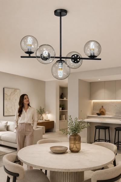 ESSLİGHT Riva 5’li Siyah Füme Camlı Avize Salon Mutfak Yatak Odası