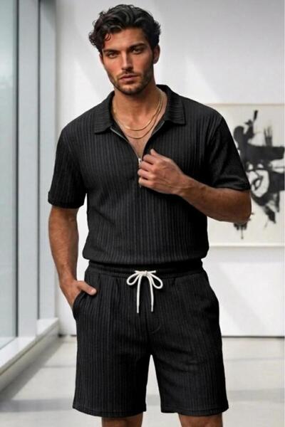 NO 601 Men's Black Olympos Zippered Collared Twisted Fabric T-Shirt Shorts Co...