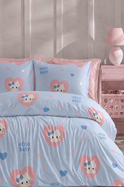 İQON Lastikli Çarşaflı Nevresim Takımı Çift Kişilik Hello Kitty Mavii