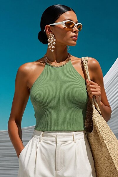 Modafeminen Chain Detail Matching Halter Neck Slim Fit Ribbed Blouse Tr083 Mint
