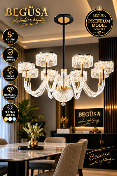 Begüsa 1012 Serisi Salon,Oturma Odası Lüks Ledli İthal Avize - 3 Renk Ledli 8...