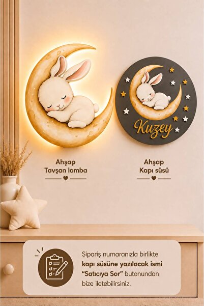 BugyBagy Ahşap Aylı Tavşanlı İsme Özel Pilli Ledli Gece Lambası ve Ahşap Kapı...