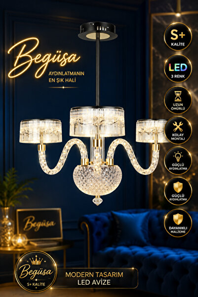 Begüsa 1012 Serisi Salon,Oturma Odası Lüks Ledli İthal Avize - 3 Renk Ledli 3...