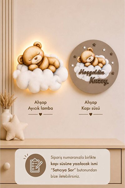 BugyBagy Ahşap İsme Özel Pilli Ledli Gece Lambası ve Ahşap Kapı Süsü Seti Beb...