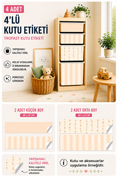 Kosinüs Reklam TROFAST Kutu Etiketi-Çocuk Odası Depolama- 4lü Set- Çiçekli-Pu...