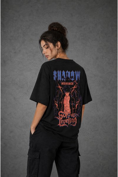 Ninkasiwear Solo Leveling Shadow Monarch Anime Unisex Oversize T-Shirt - Special Collar Printed 24/1 Cotton