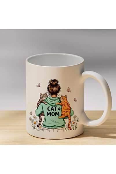 martı baskı Cat Mom Yazılı Kedi Sever Kadın Baskılı Porselen Kupa - Kedi Anne...