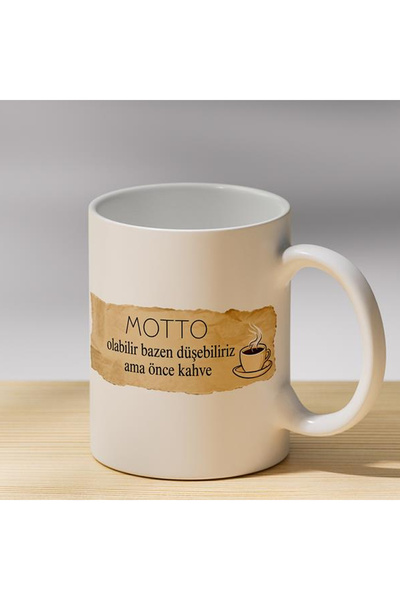 martı baskı Motto Önce Kahve Yazılı Kupa - Kahve Severlere Hediye Kupası