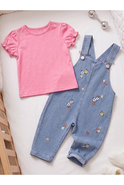 EYMİR GİYİM Floral Denim Salopet Baby Girl 3-Piece Set 6/9 Months, 9/12 Month...