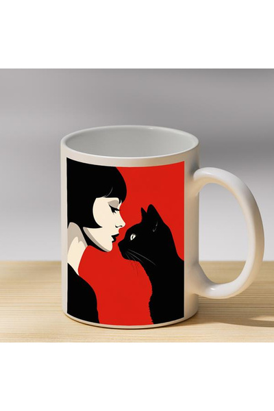 martı baskı Kadın ve Kara Kedi Baskılı Porselen Kupa - Kedi Severlere Hediye ...