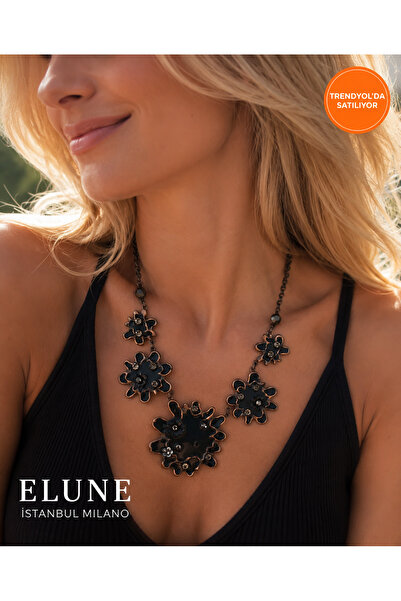 ELUNE İSTANBUL Milano Siyah Vintage Çiçek Motifli Büyük Kolye Kadın Şık Takı