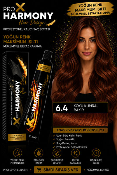 X Pro Harmony Koyu Kumral Bakır Saç Boyası 6.4 Bakır Kumral Kalıcı Tüp Boya 6...