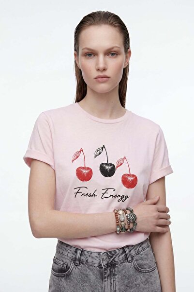 HAKKE Oversized T-Shirt with Woven Label Detail and Cherry Print