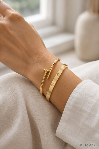 OGHAMAY Gold Nail Bracelet and Stone Screw Detailed Women's Bracelet Set with...