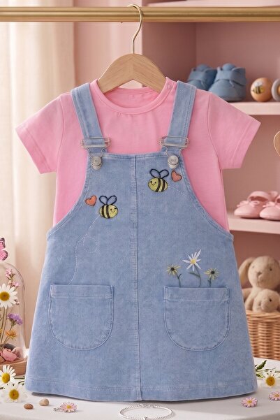 EYMİR GİYİM Girl's Baby Pocketed Floral Bee Embroidered Denim Salopet Dress +...