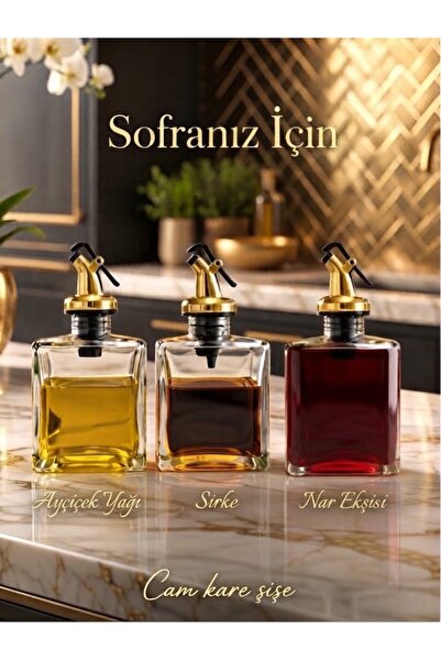 Trend Home Life Lüks Gold Başlıklı 200 ml Kare Cam Yağlık & Sosluk - Sızdırmaz Damlatmaz Yağdanlık Sirkelik