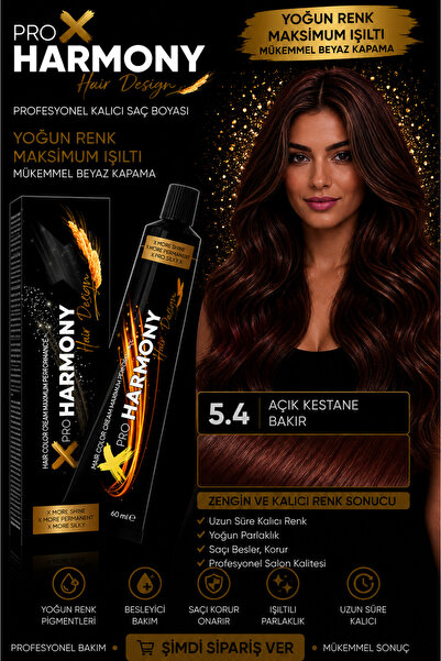 X Pro Harmony Tüp Boya 5.4 Light Brown Copper Açık Kestane Bakır Saç Boyası 6...