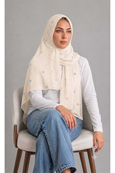 Veil Designer طرحه بوال اوف وايت طبقتين بتطريز ملون علي كامل الطرحة بقماش ياب...