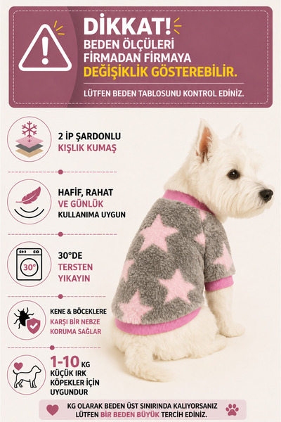 DOGİ&DOG Small Breed Grey Polar Pink Star Cat Dog Sweati Dog Outfit (1-10kg)