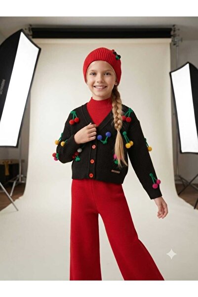 Hilal Akıncı Kids Girl's Cherry Embroidered Cardigan Knitwear Badi Pants Bere...