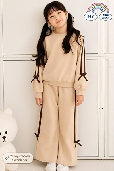 My Kids Wear Girls' Double Ribbon Three Thread Tracksuit Set 3-10 Years Old