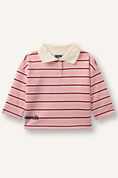 DeFacto %100 Pamuk Disney Mickey & Minnie Polo Yaka Çizgili Sweatshirt Kız Be...