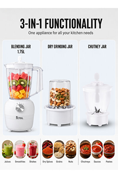 Royal Appliances خلاط كهربائي 3 في 1 مع مطحنة ومفرمة، سعة 1.75 لتر، 400 واط، سرعتان + خاصية النبض، RA-BG160