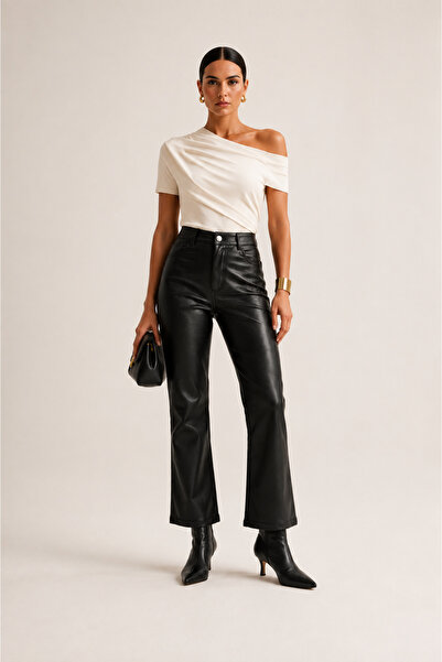 Grenj Fashion Black Faux Leather Ankle-Length High Waist Flare Pants