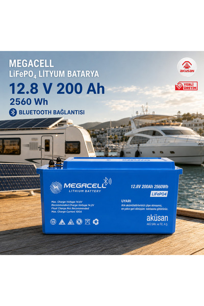 Megacell 12.8v 200ah Lifepo4 Lityum Demir Fosfat Akü(ABS KASA)Bluetoothlu